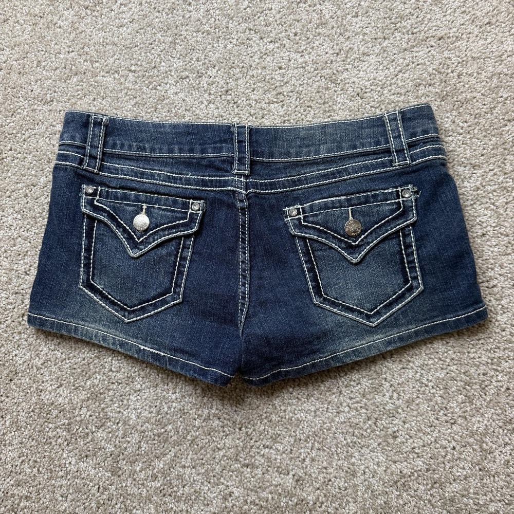 1955 Vintage Hot Pants Shorts Womens 11 Blue Denim Distressed Low Rise Casual - Picture 2 of 8